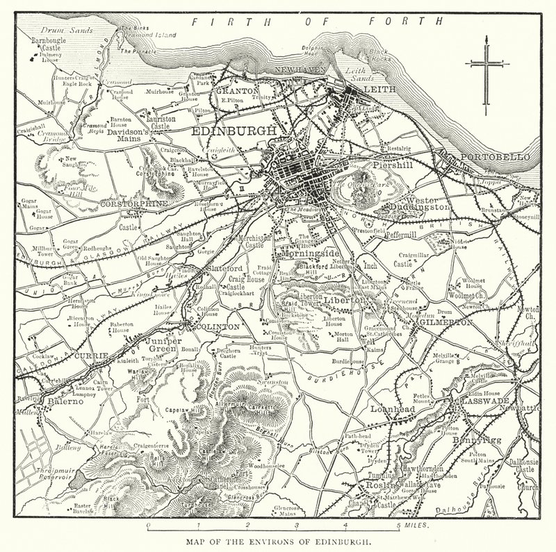 Kaart van de omgeving van Edinburgh (gravure) door English School