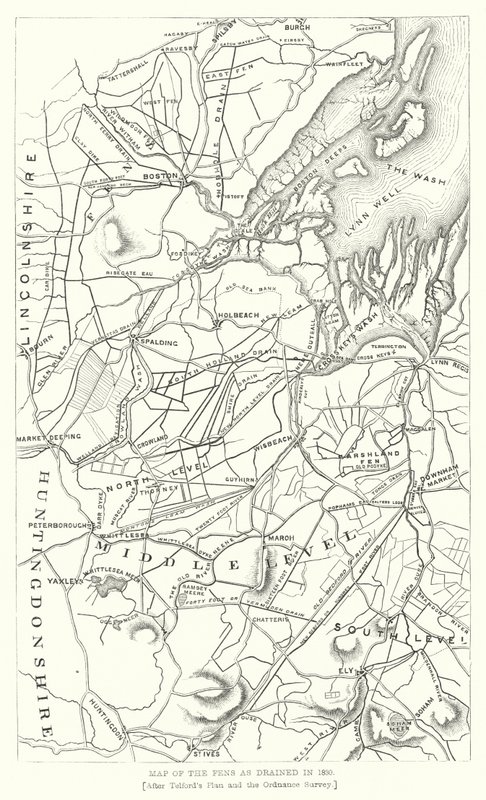 Kaart van de Fens zoals drooggelegd in 1830 (gravure) door English School