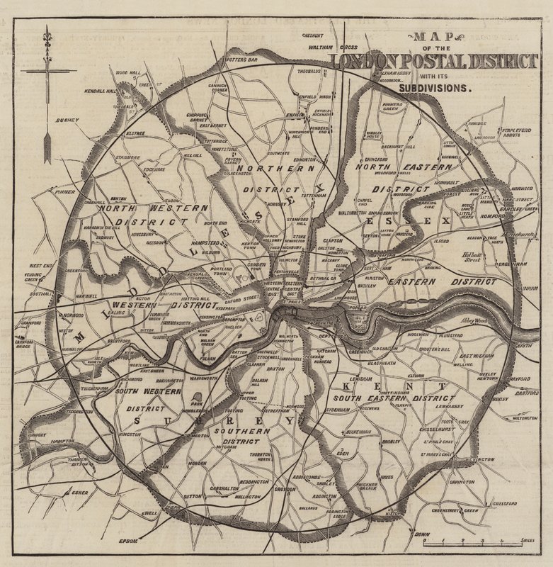 Kaart van de Londense postdistricten (gravure) door English School