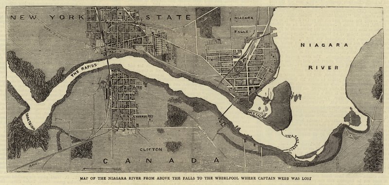 Kaart van de Niagara-rivier van boven de watervallen tot de draaikolk waar kapitein Webb verloren ging door English School