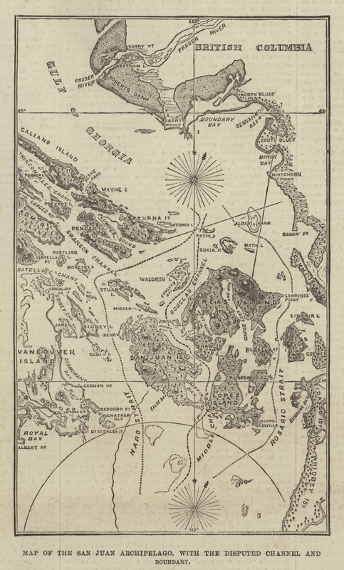 Kaart van de San Juan-archipel, met het betwiste kanaal en de grens door English School