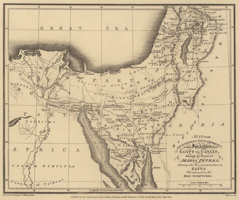Kaart van de reizen en kampen van de Israëlieten van Egypte naar Kanaän, door de woestijn (gravure) door English School