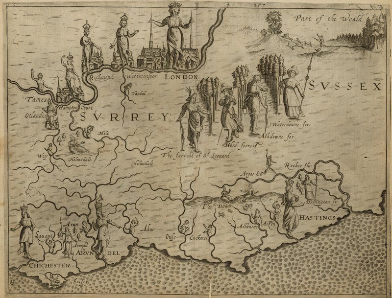 Kaart van Zuid-Engeland, inclusief Londen, Surrey en Sussex door English School
