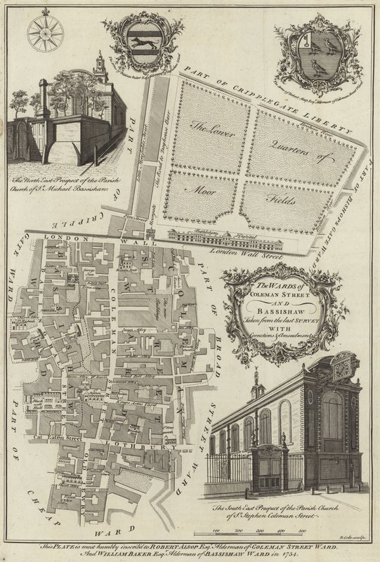 Kaart van de wijken Coleman Street en Bassishaw, Londen door English School