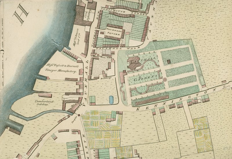Kaart, met de locatie van Vauxhall-tuinen, Londen door English School