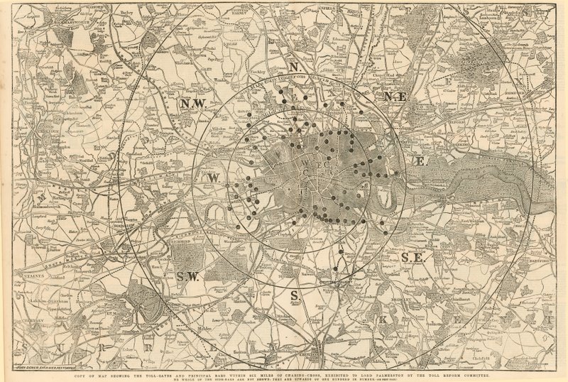Kaart met tolpoorten en belangrijkste barrières binnen 6 mijl van Charing Cross, tentoongesteld aan Lord Palmerston door het Tolhervormingscomité door English School