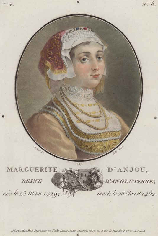 Margaretha van Anjou, koningin-gemalin van koning Hendrik VI van Engeland (gekleurde gravure) door English School