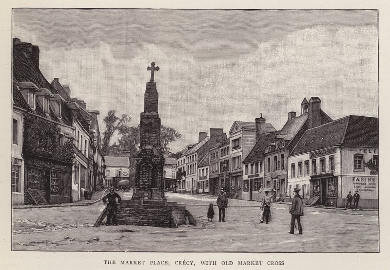 Marktplaats, Crecy, Frankrijk, met het oude marktkruis door English School