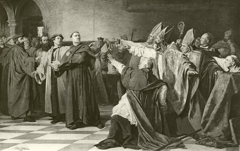 Maarten Luther voor de Rijksdag van Worms (gravure) door English School