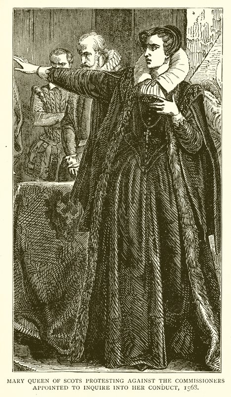 Mary Queen of Scots protesteert tegen de commissarissen die zijn aangesteld om haar gedrag te onderzoeken, 1568 door English School