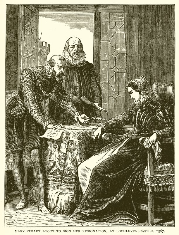 Mary Stuart tekent haar Ontslag, in Kasteel Lochleven, 1567 door English School