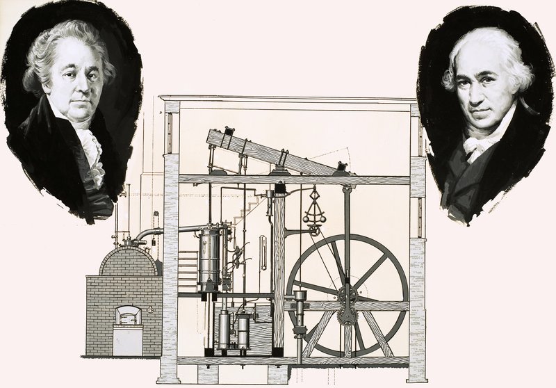 Matthew Boulton en James Watt met een van de gepatenteerde stoommachines door English School