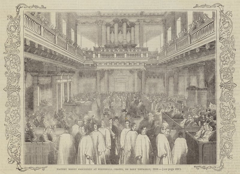 Maundy Money Processie in Whitehall Chapel, op Witte Donderdag, 1844 door English School