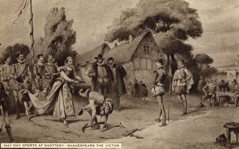 Meidag sporten in Shottery, William Shakespeare de winnaar (litho) door English School