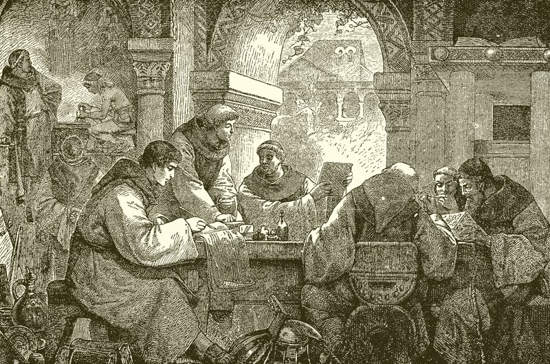 Middeleeuwse cultuur - Monniken in een klooster die boeken verlichten en overschrijven door English School