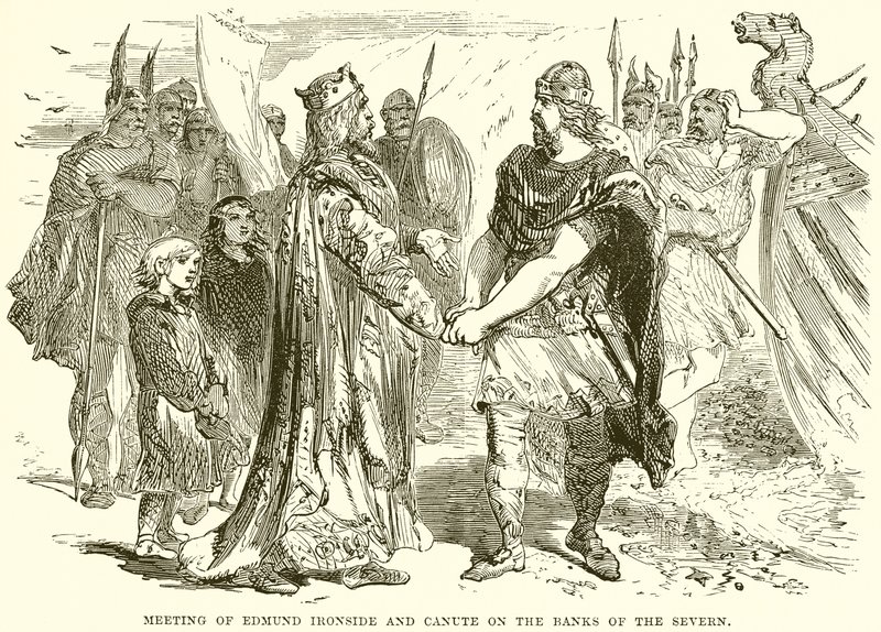 Ontmoeting van Edmund Ironside en Canute aan de oevers van de Severn door English School