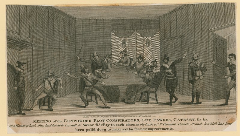 Bijeenkomst van de samenzweerders van het Buskruitcomplot, Guy Fawkes, Catesby, enz. door English School