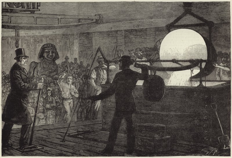 Het smelten van het metaal voor de bronzen sfinx die op de oever van de Theems wordt geplaatst (gravure) door English School