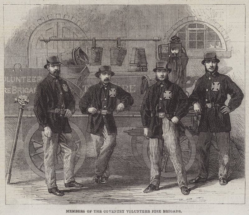 Leden van de Coventry Vrijwillige Brandweer (gravure) door English School