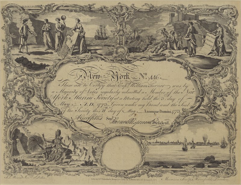 Lidmaatschapsbewijs van de New York Marine Society, 1773 door English School