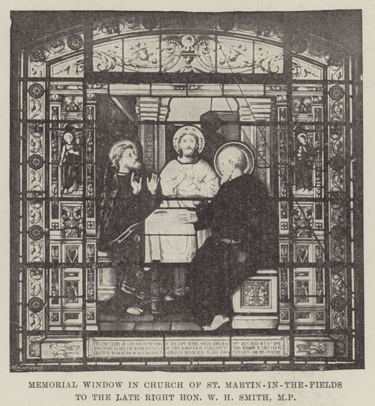 Herdenkingsraam in de kerk van St Martin-in-the-Fields voor wijlen de zeer eerbiedwaardige W H Smith, MP door English School