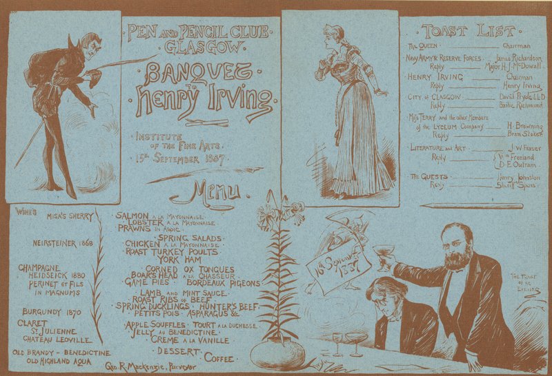 Menu voor een banket ter ere van Henry Irving, Pen and Pencil Club, Glasgow, 15 september 1887 door English School
