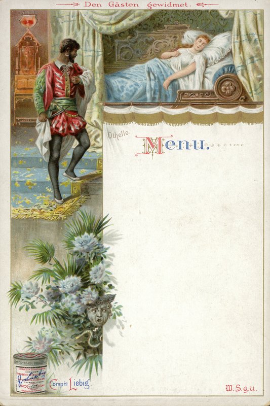 Menu met een scène uit Othello en een advertentie voor Liebigs Vleesextract door English School