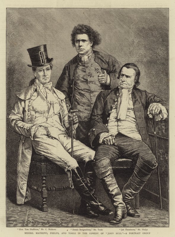 Messers Mathews, Phelps en Toole in de Komedie "John Bull", een Portretgroep (gravure) door English School