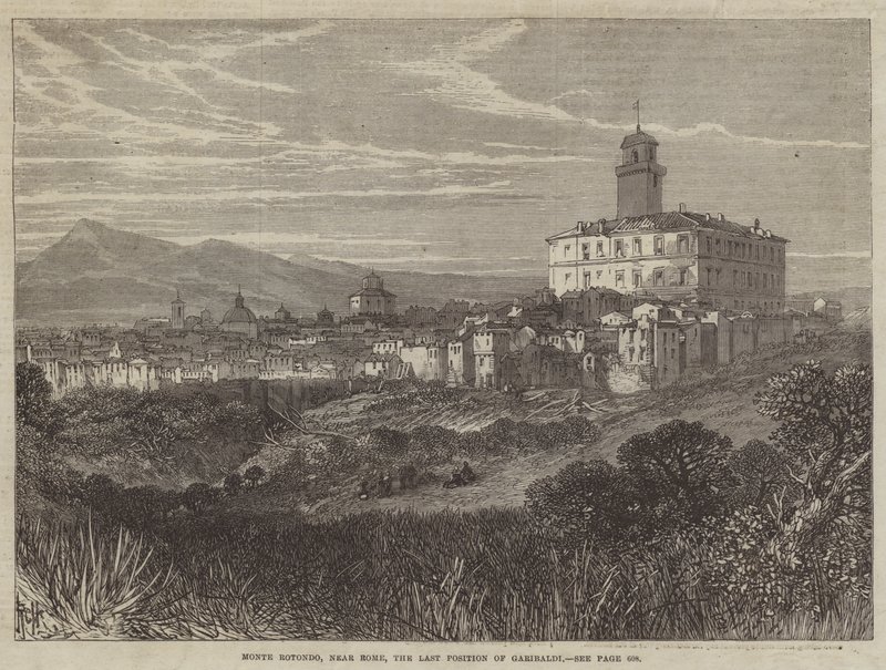 Monte Rotondo, nabij Rome, de laatste positie van Garibaldi (gravure) door English School