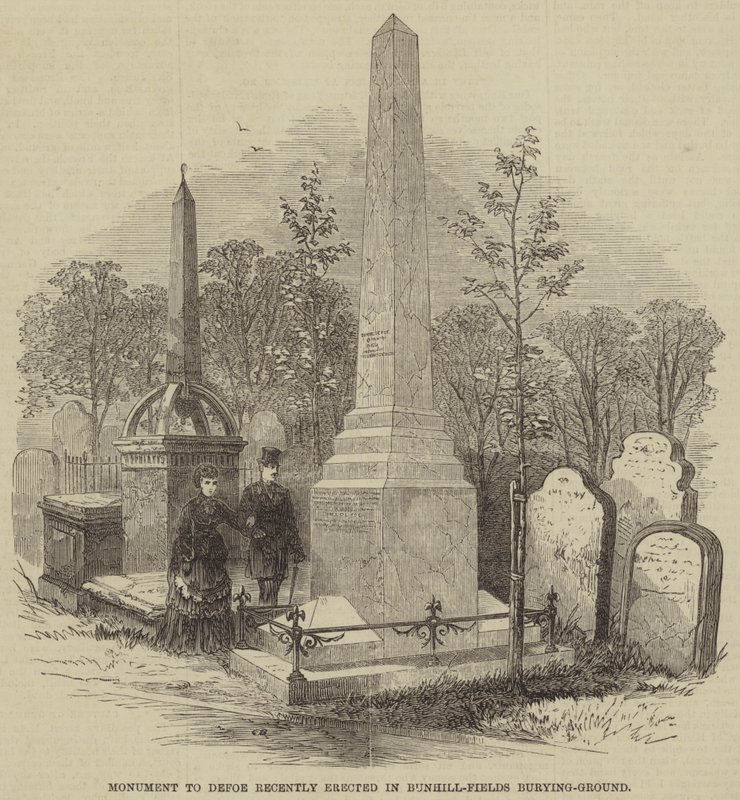 Monument voor Defoe, onlangs opgericht op Bunhill-Fields begraafplaats door English School