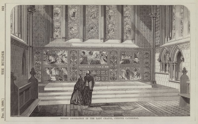 Mozaïekdecoratie in de Lady Chapel, Chester Cathedral (gravure) door English School