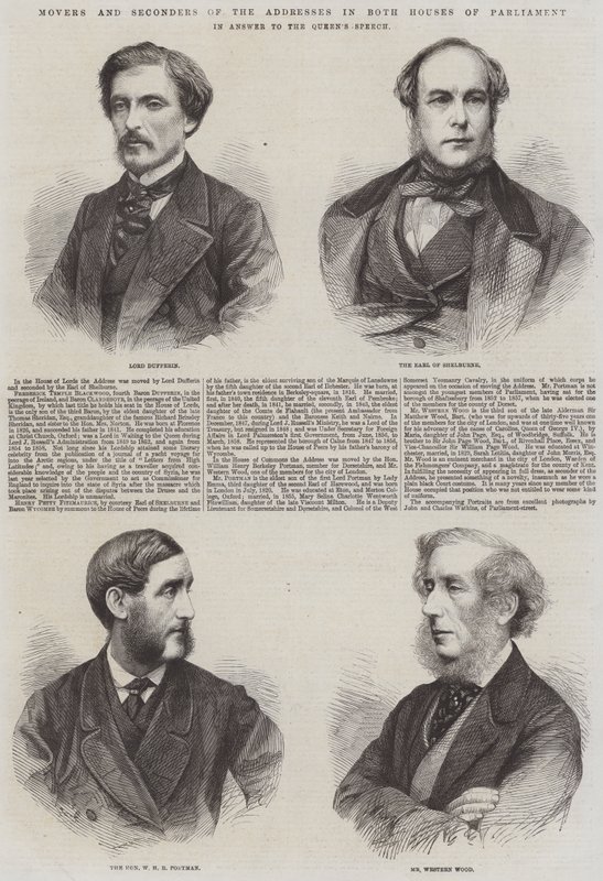 Bewegers en tweedeurs van de toespraken in beide huizen van het parlement, als antwoord op de toespraak van de koningin (gravure) door English School