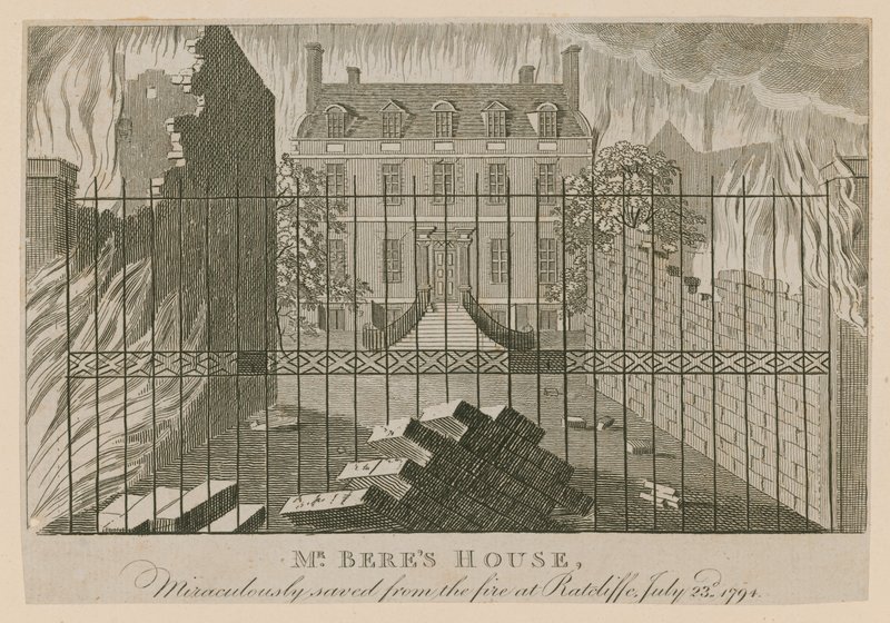 Het huis van meneer Bere, wonderbaarlijk gered van de brand in Ratcliffe, 23 juli 1794 door English School