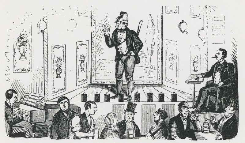Mr C George, de Ierse zanger, optredend in het Borough Music Hall, Union Street, Southwark door English School