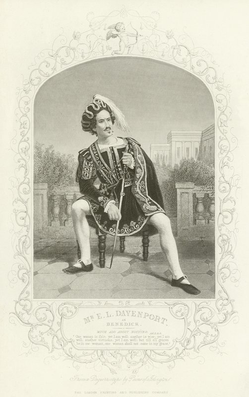 Meneer E L Davenport als Benedick, Veel Gedoe om Niets, Act II, scène iii door English School
