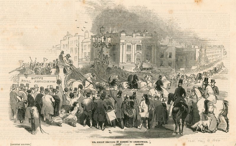 De heer Emidy die achtentwintig paarden van Londen naar Greenwich rijdt door English School