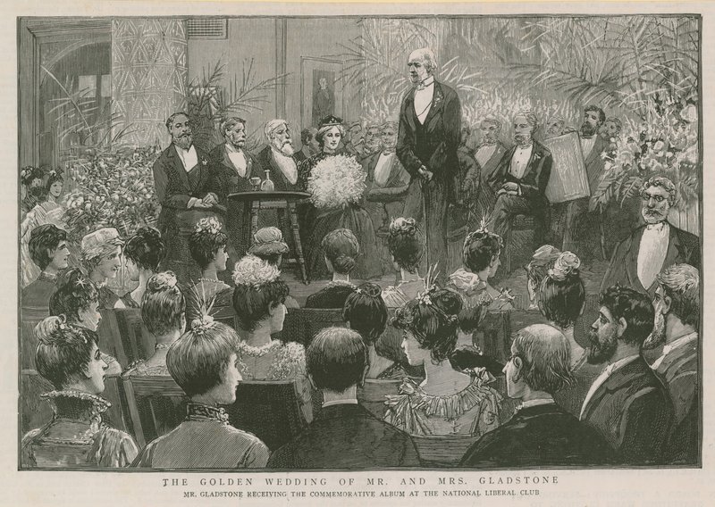 Mr Gladstone ontvangt het herdenkingsalbum in de National Liberal Club door English School