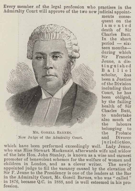 Mr Gorell Barnes, Nieuwe Rechter van het Admiraliteitsgerechtshof door English School