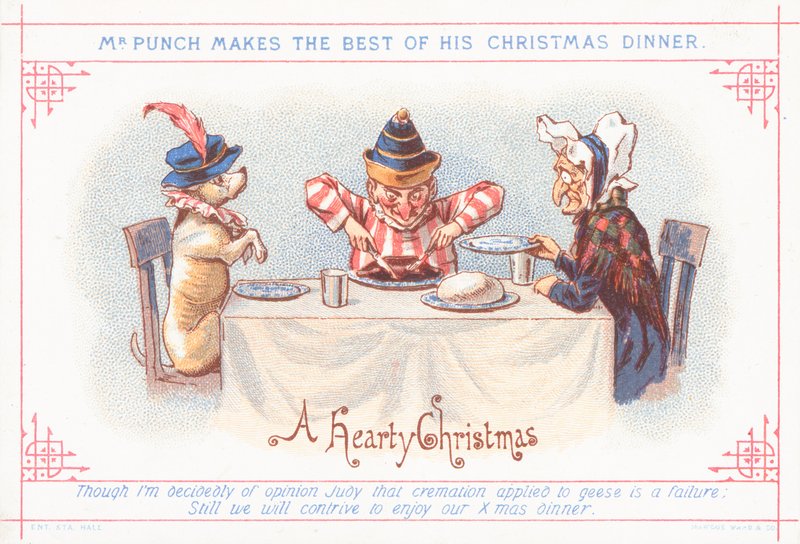 Mr Punch aan het kerstdiner, kerstkaart door English School