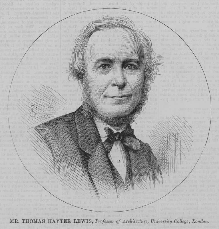Mr Thomas Hayter Lewis, Professor van Architectuur, University College, Londen (gravure) door English School