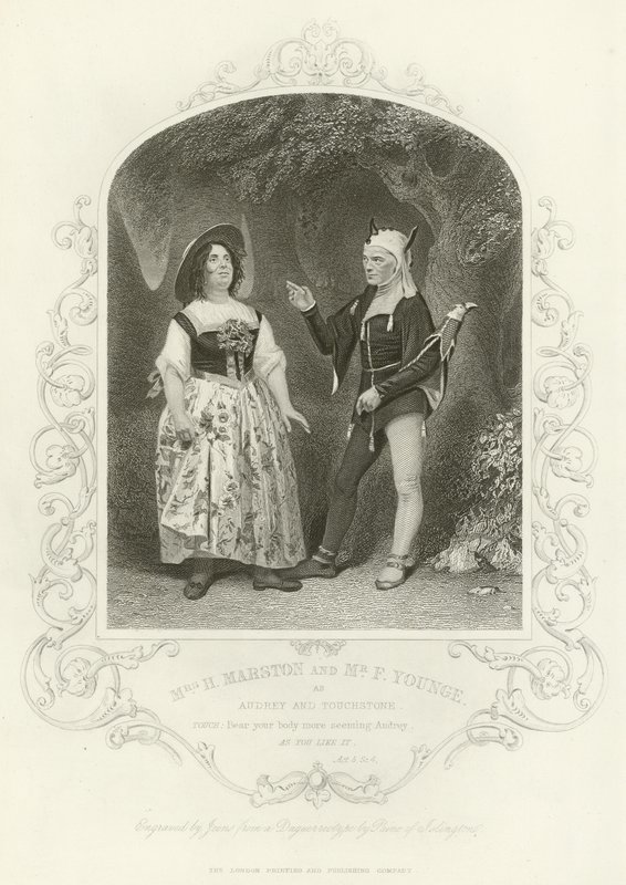 Mevrouw H Marston en F Younge als Audrey en Touchstone, Zoals U Het Wilt, Act V, scène iv door English School