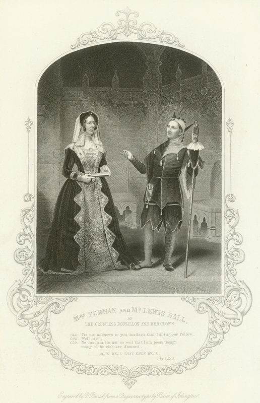 Mevrouw Ternan en Meneer Lewis Ball als de Gravin Rousillon en haar clown, Eind Goed, Al Goed, Act I, scène iii door English School