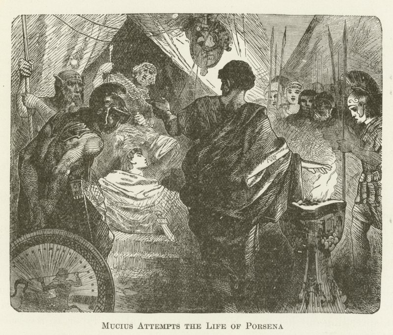 Mucius probeert het leven van Porsena te nemen door English School