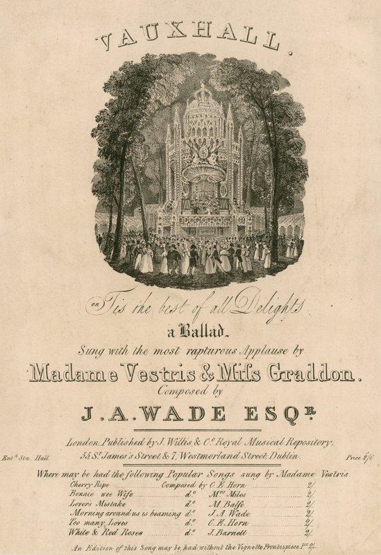 Muzikale partituur: Tis the Best of All Delights, gezongen door Madame Vestris en Miss Graddon, gecomponeerd door J A Wade door English School