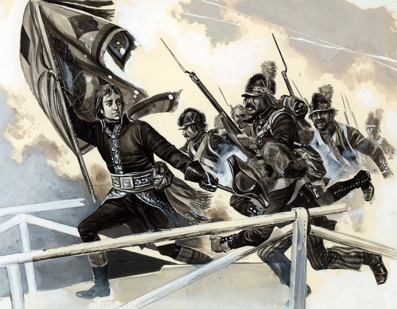 Napoleon leidt zijn leger over de brug bij Lodi door English School