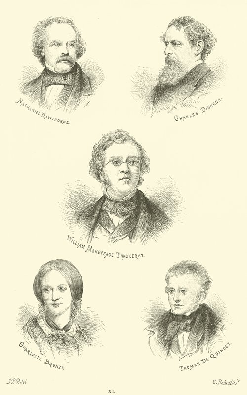 Nathaniel Hawthorne, Charles Dickens, William Makepeace Thackeray, Charlotte Bronte, Thomas De Quincey door English School