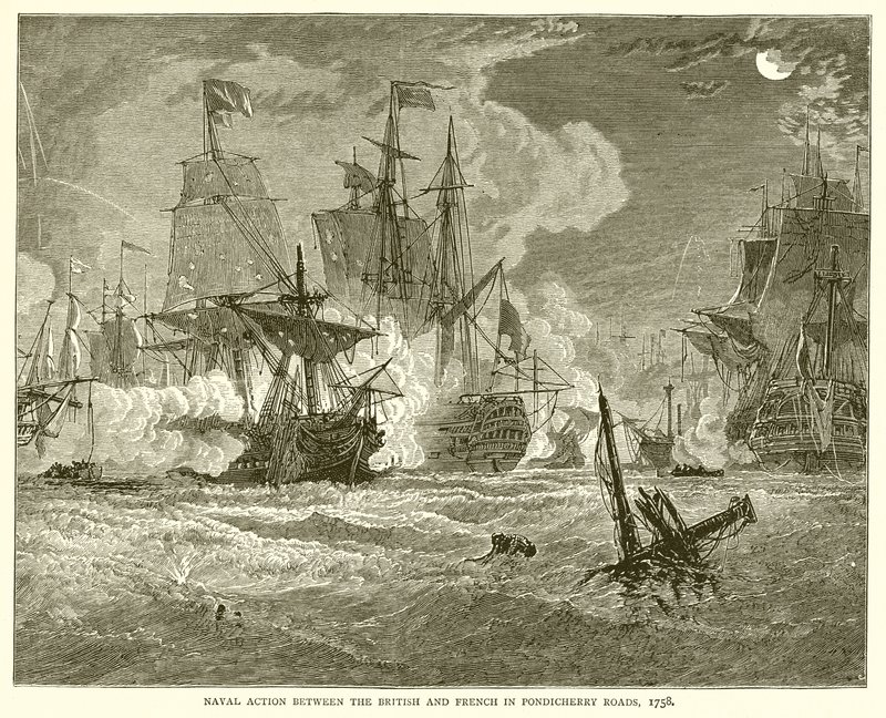 Zeegevecht tussen de Britten en Fransen in Pondicherry Roads, 1758 door English School
