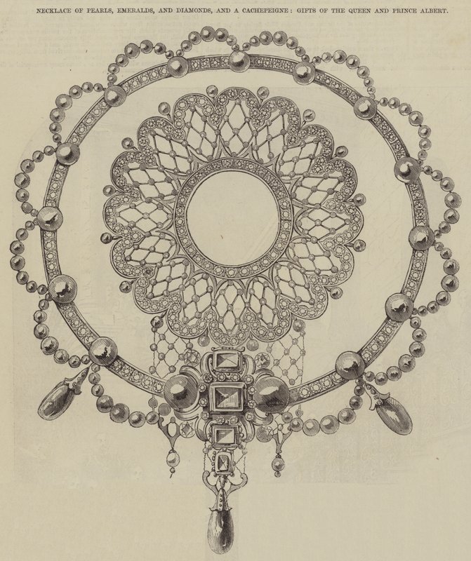 Halsketting van parels, smaragden en diamanten, en een Cachepeigne, geschenken van de koningin en prins Albert (gravure) door English School