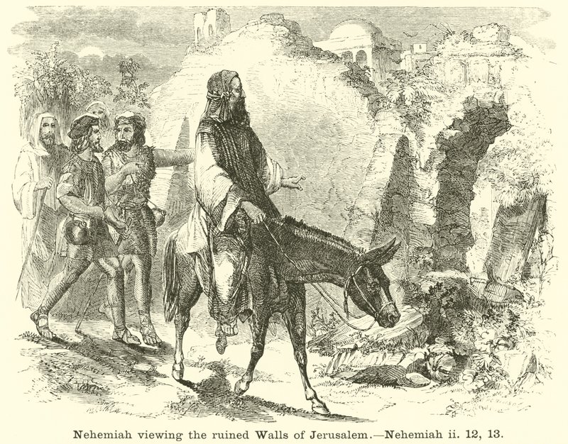 Nehemia bekijkt de verwoeste muren van Jeruzalem, Nehemia, ii, 12, 13 door English School