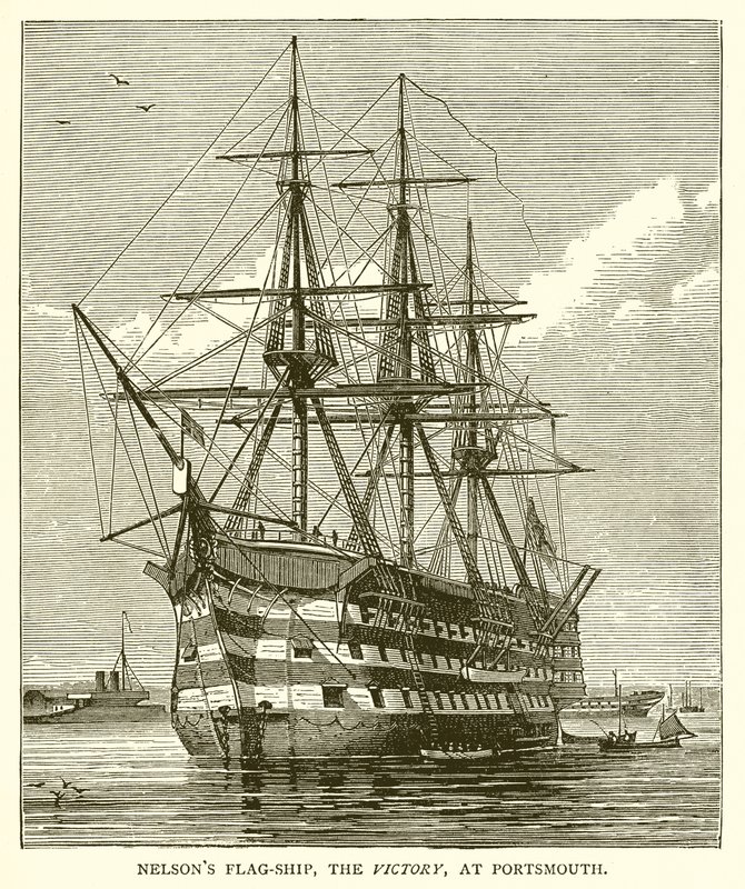 Nelsons Vlaggenschip, de Victory, in Portsmouth door English School